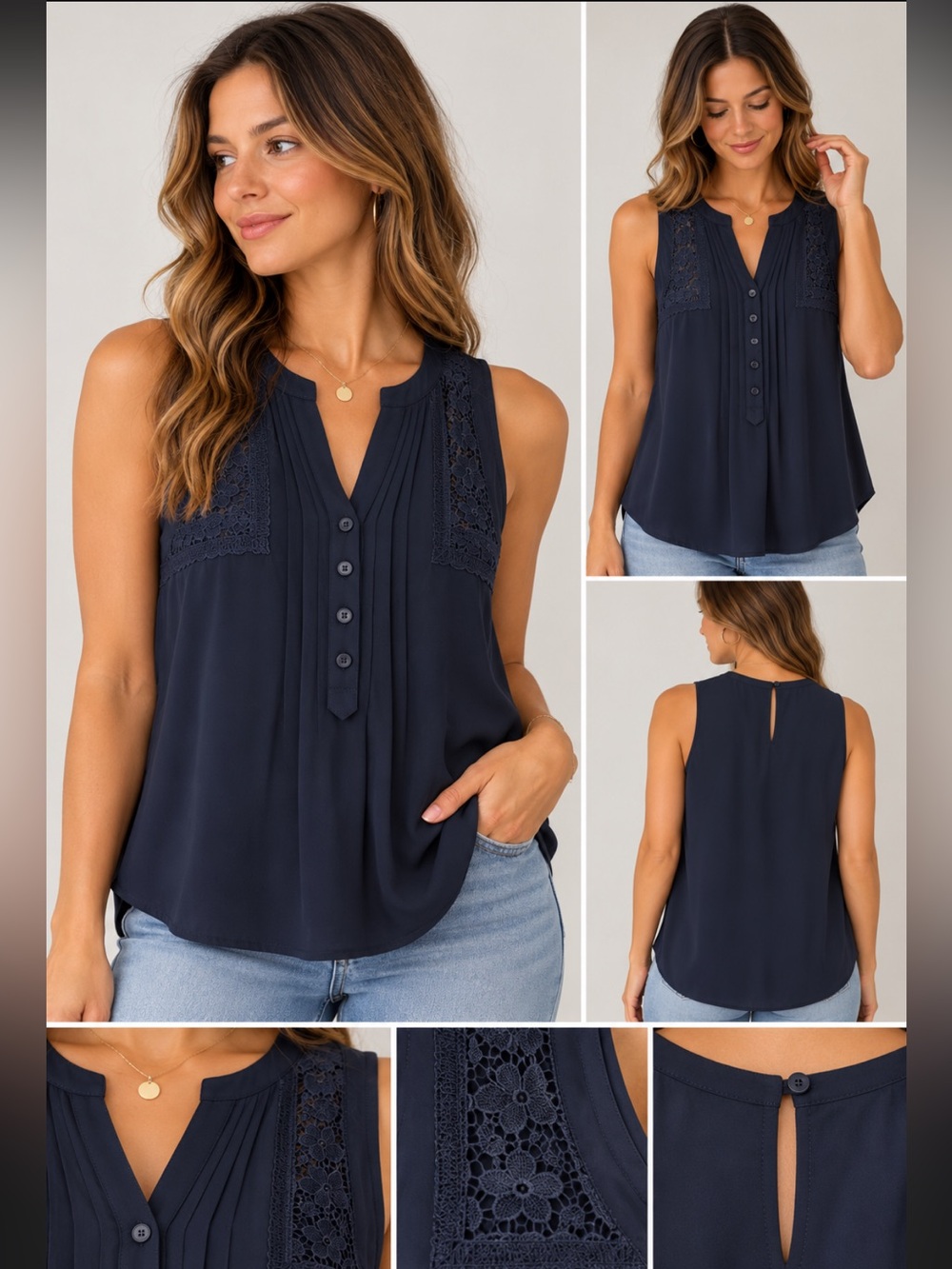 Crescent Navy Sleeveless Pleated Shell with Lace Insets